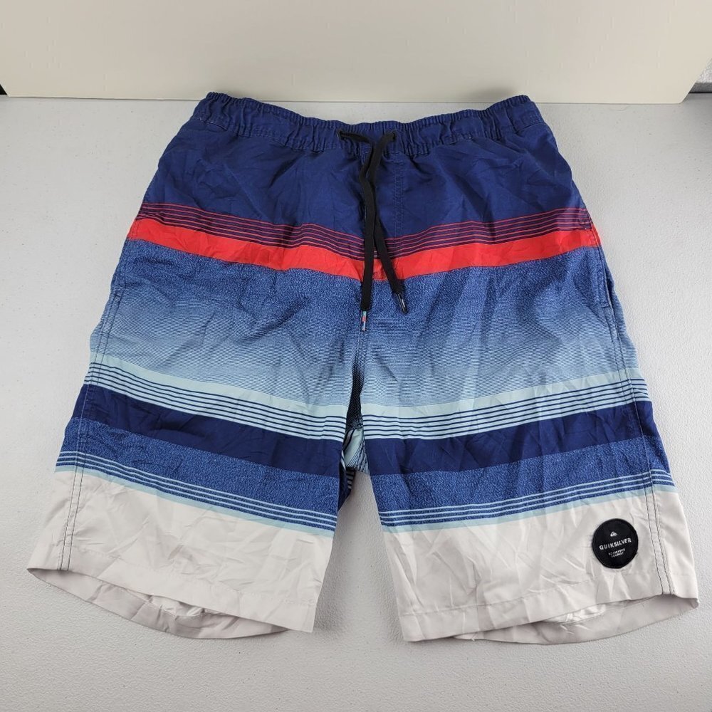 Quiksilver Stripe Boardshorts Hybrid Tie Waist Swim Lined High Rise Medium Mens